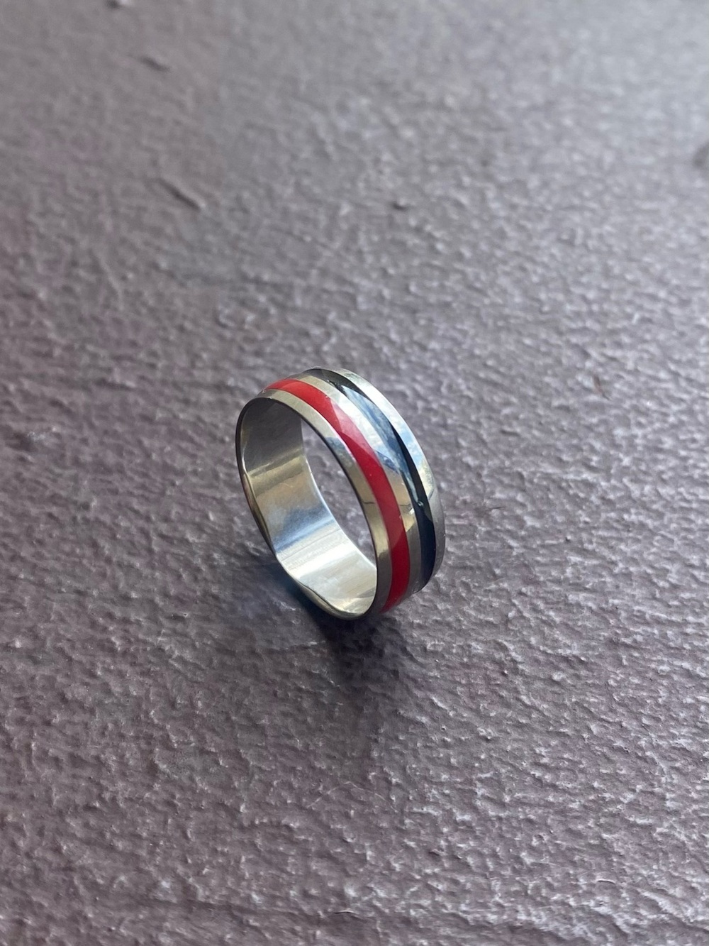 Stainless Steel w/ Red & Black Groove Inlay Ring Size 8.5